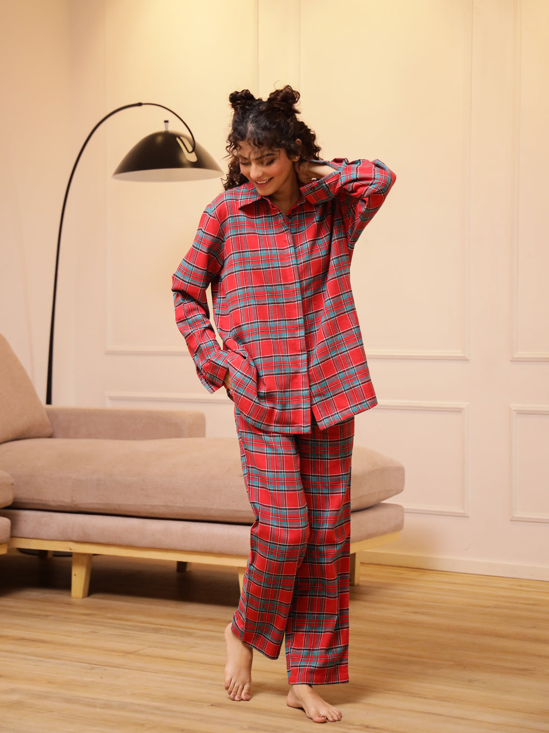 Red Checks Cashmere Winter Loungewear Set