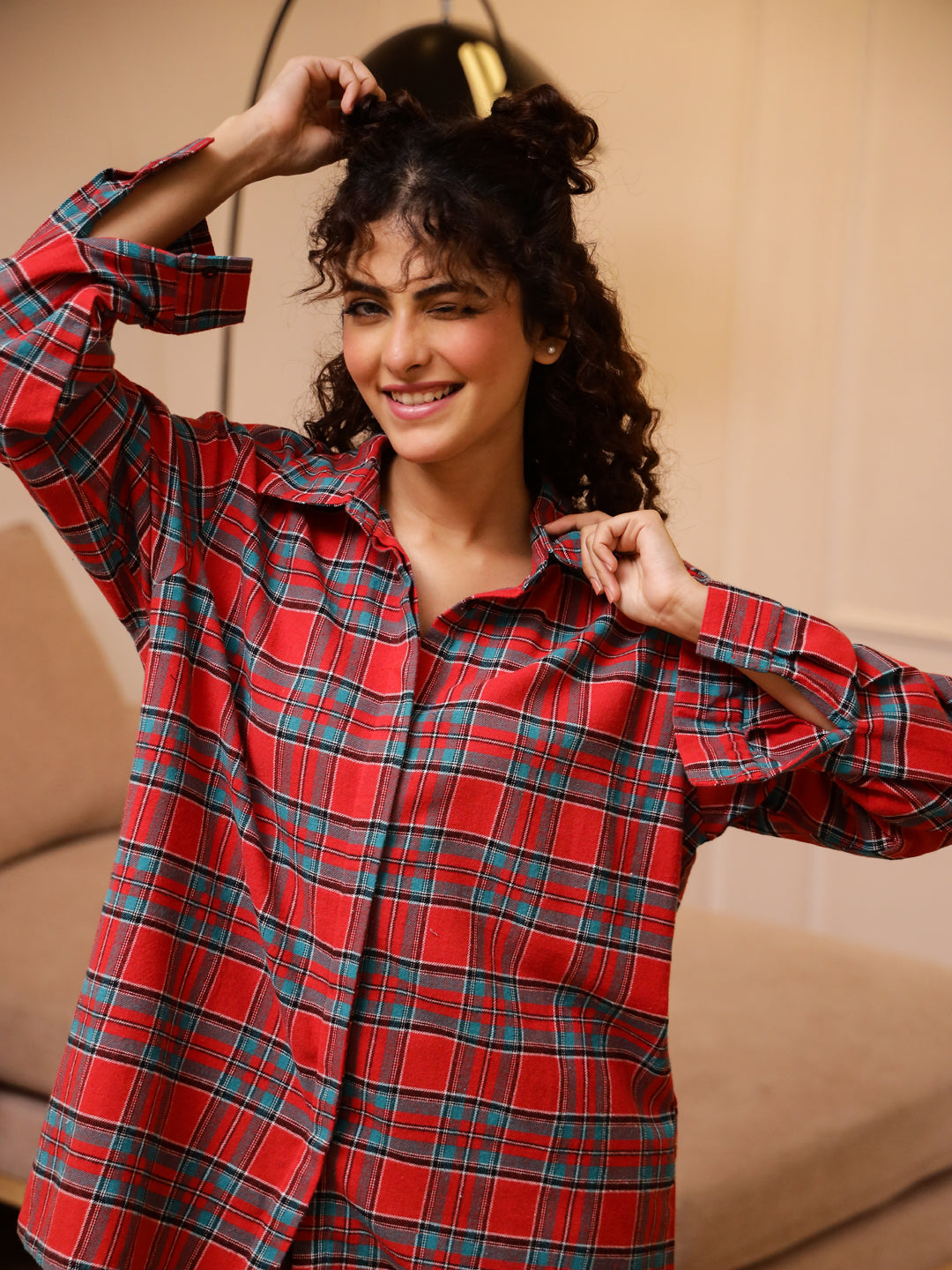 Red Checks Cashmere Winter Loungewear Set