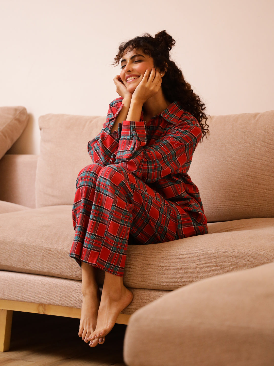 Red Checks Cashmere Winter Loungewear Set