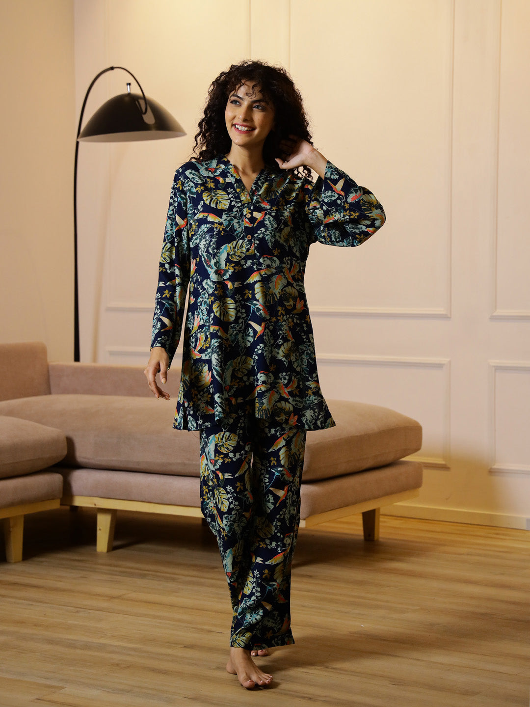 Blue Floral Printed V-Neck Cotton Night Suit