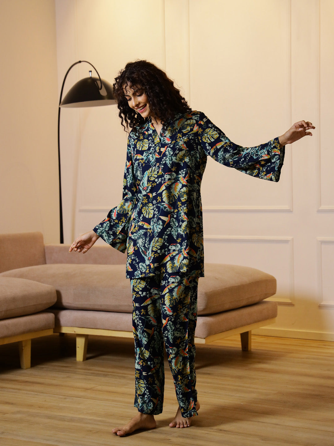 Blue Floral Printed V-Neck Cotton Night Suit