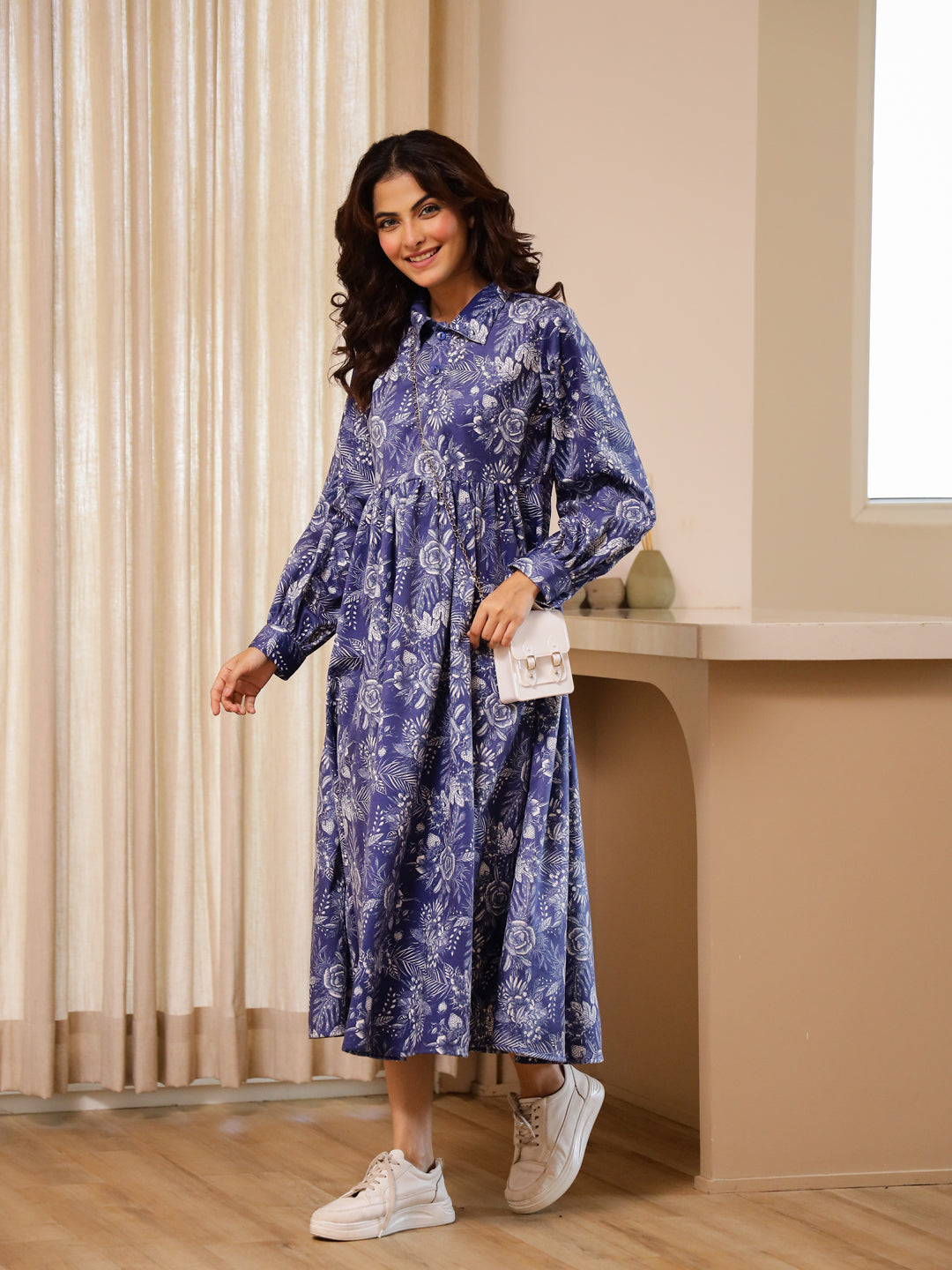 Blue Flower Print Dress for Women