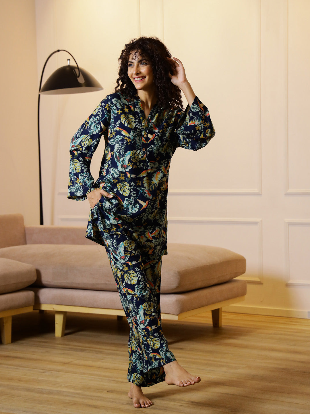 Blue Floral Printed V-Neck Cotton Night Suit