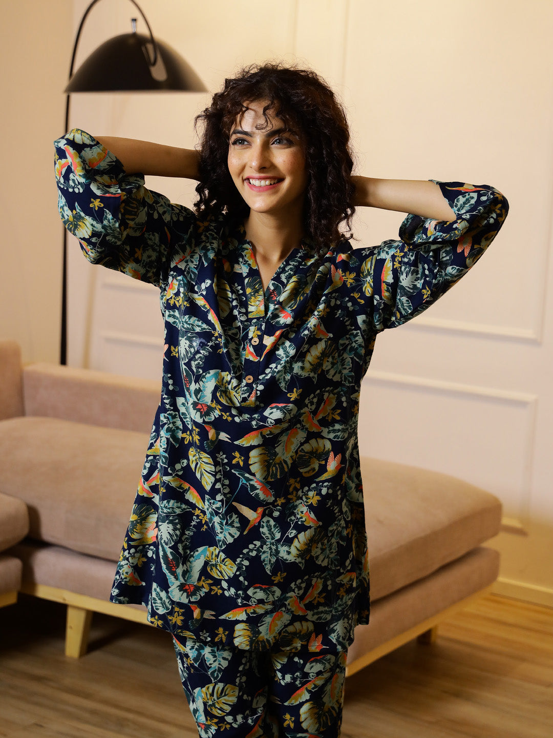 Blue Floral Printed V-Neck Cotton Night Suit