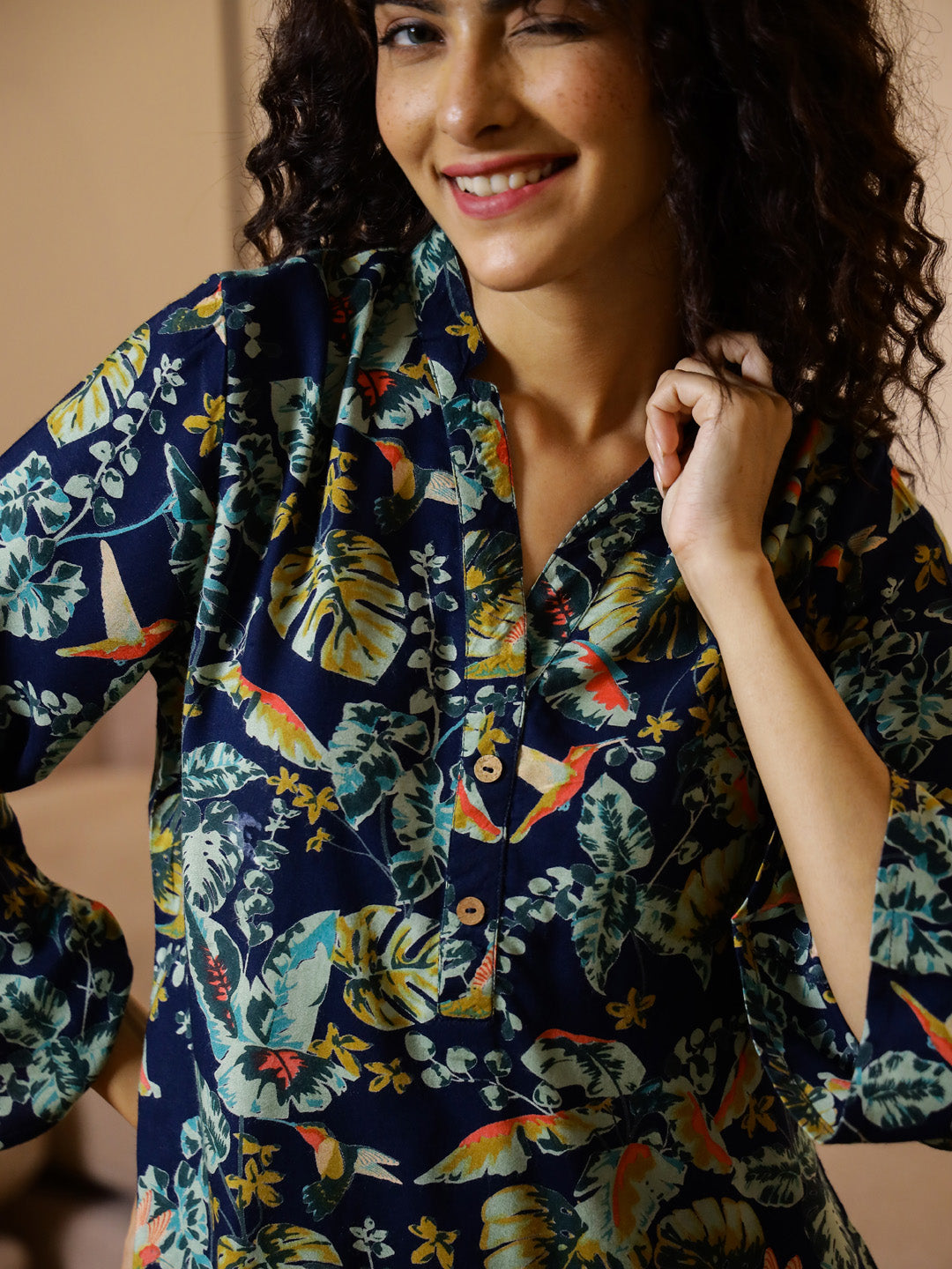 Blue Floral Printed V-Neck Cotton Night Suit