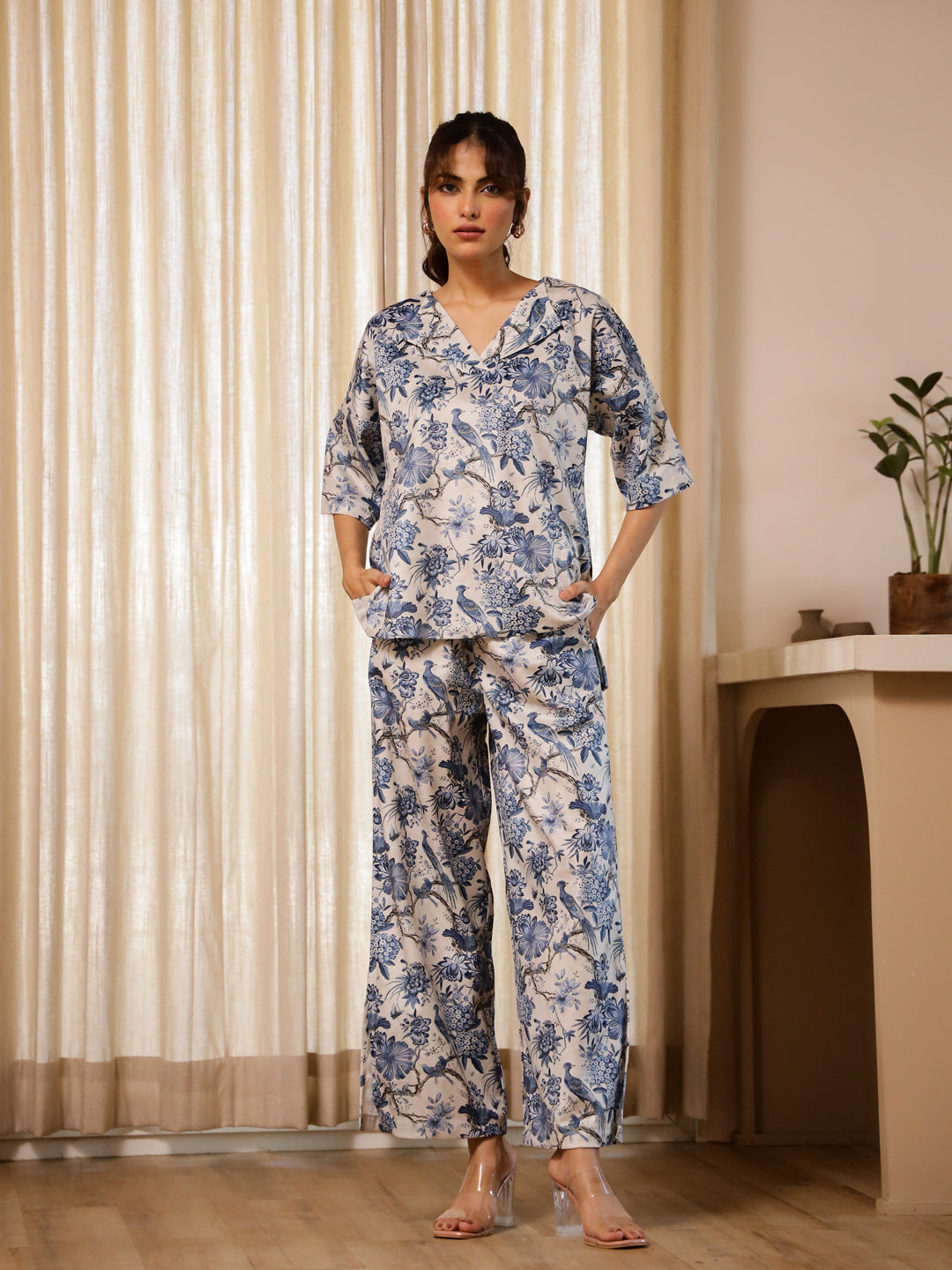 Blue Flower Printed Velvet Co-ord Set