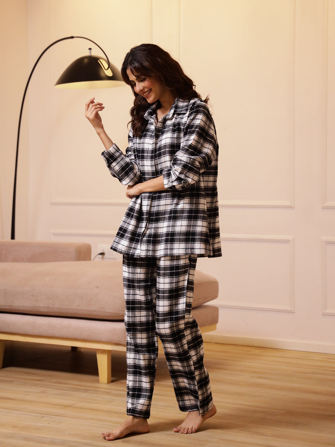 Black Solid Print Striped Cotton Night Suit Set