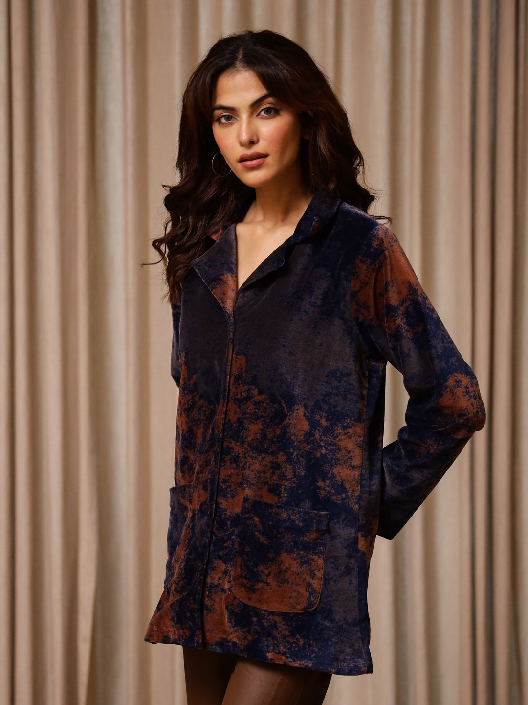 Blue Printed Velvet Jacket for Women