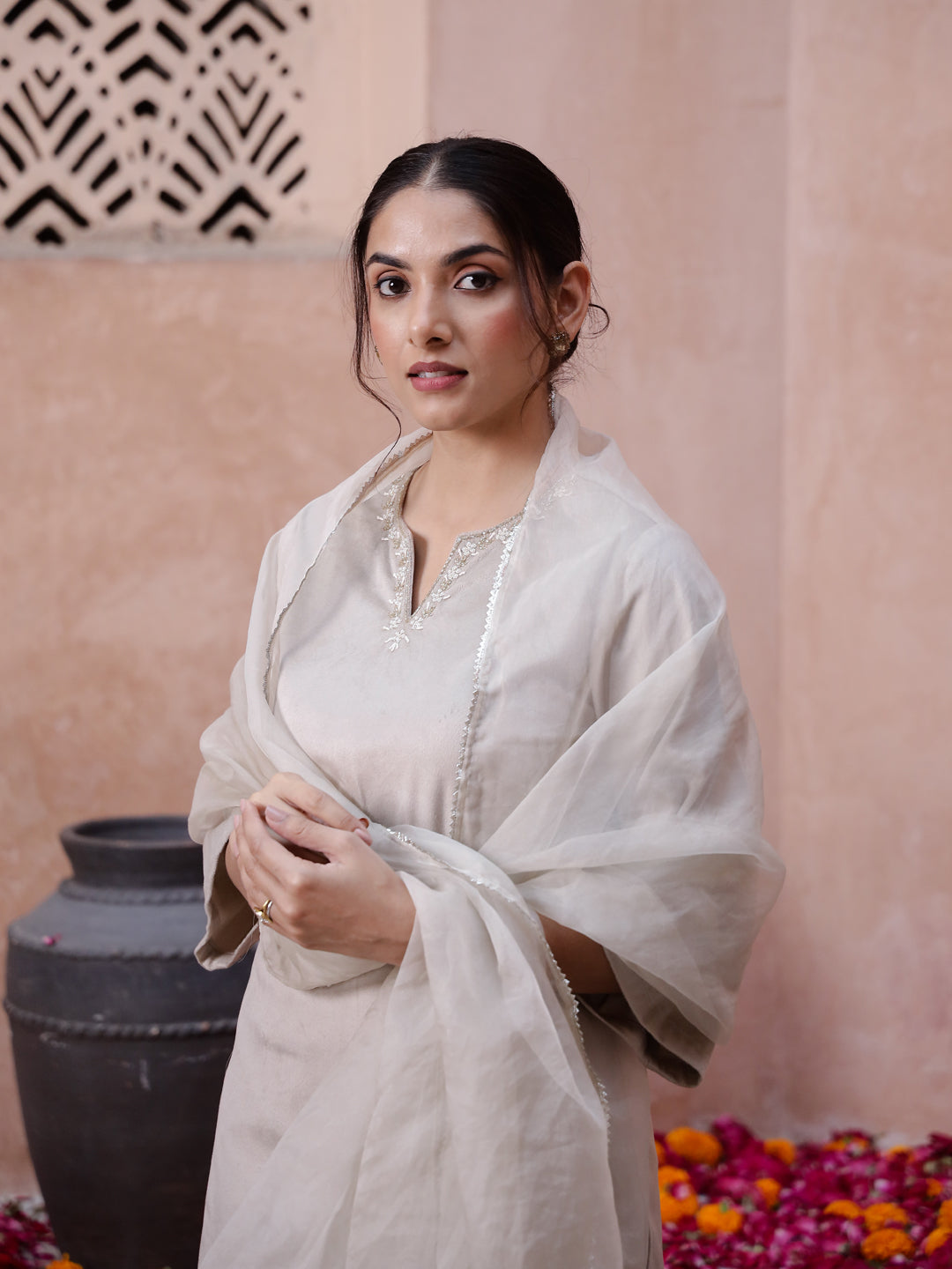 Beige Solid Velvet Kurta set with Dupatta