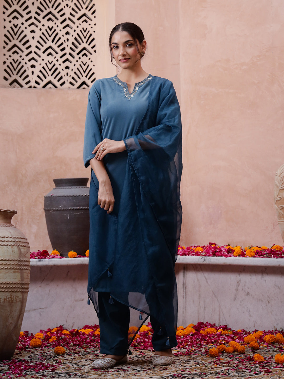 Blue Solid Velvet Kurta set with Dupatta