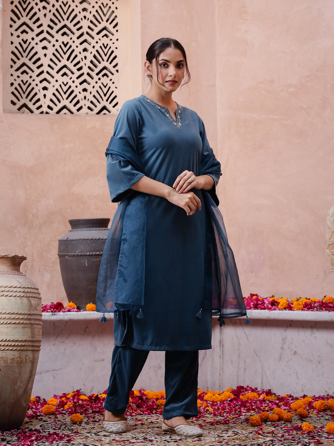 Blue Solid Velvet Kurta set with Dupatta