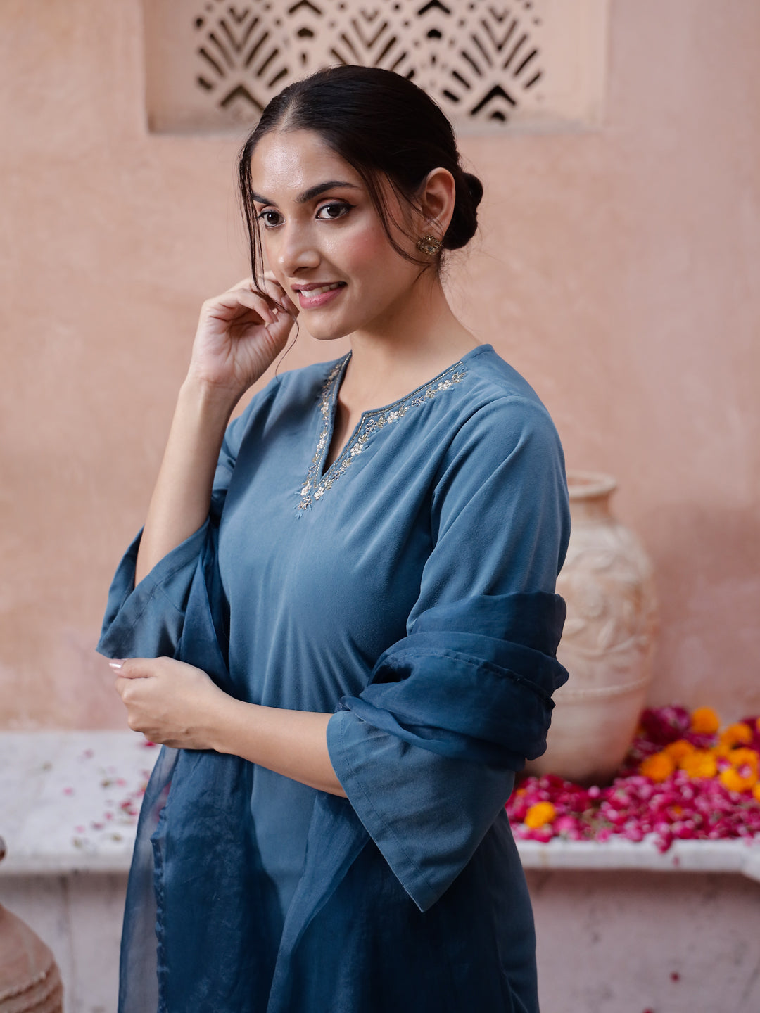 Blue Solid Velvet Kurta set with Dupatta