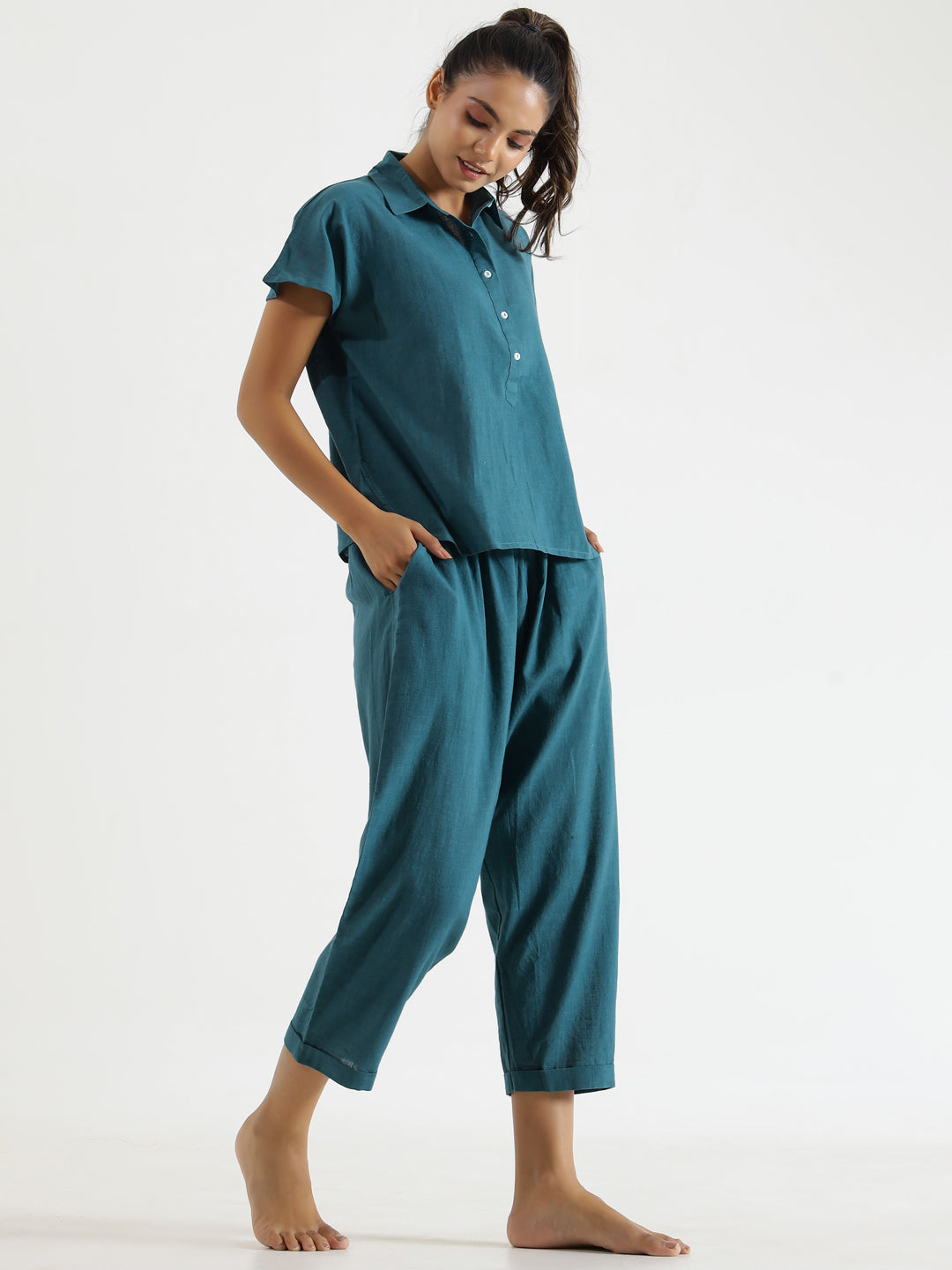 Teal solid Cotton Slub Night Suit