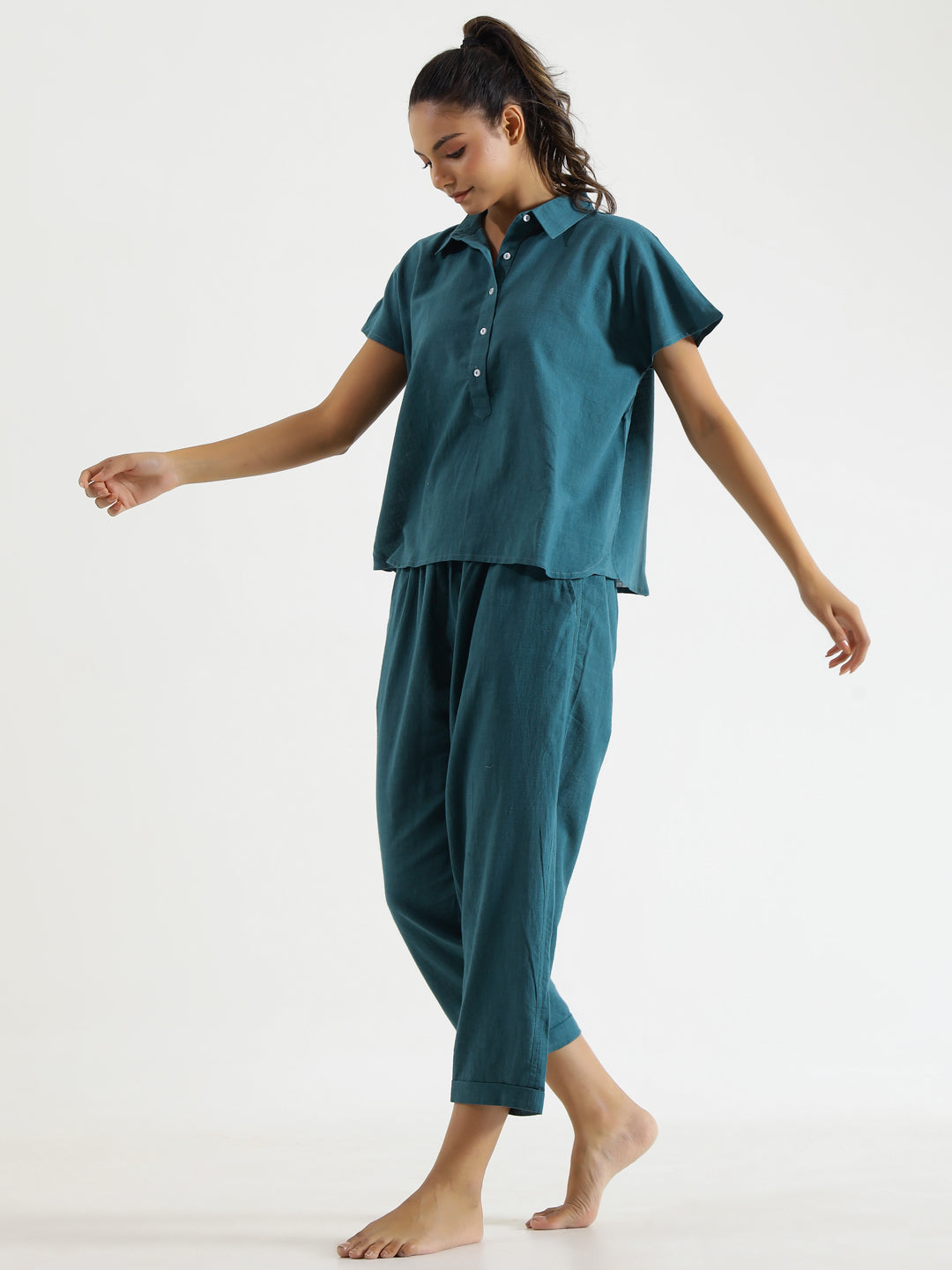 Teal solid Cotton Slub Night Suit