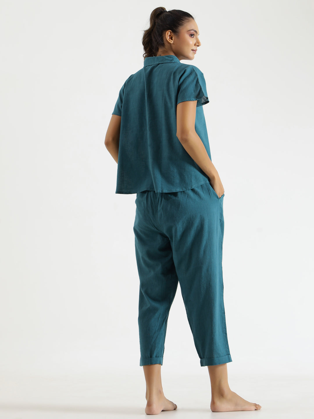 Teal solid Cotton Slub Night Suit