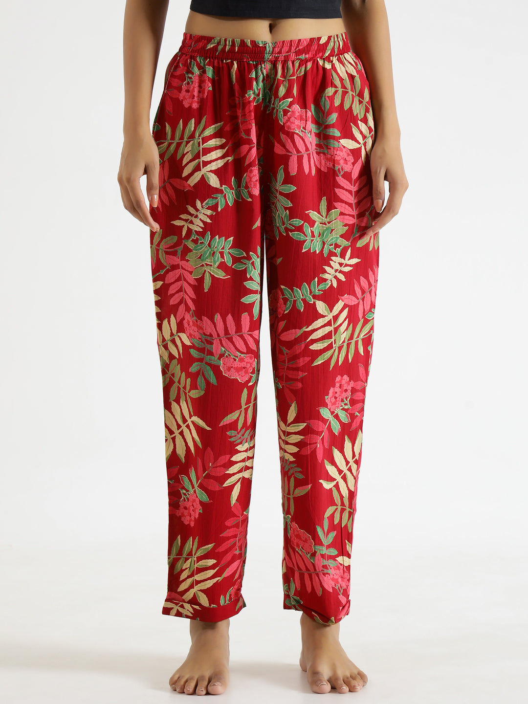 Red Floral Printed Pure Cotton Lounge Pants