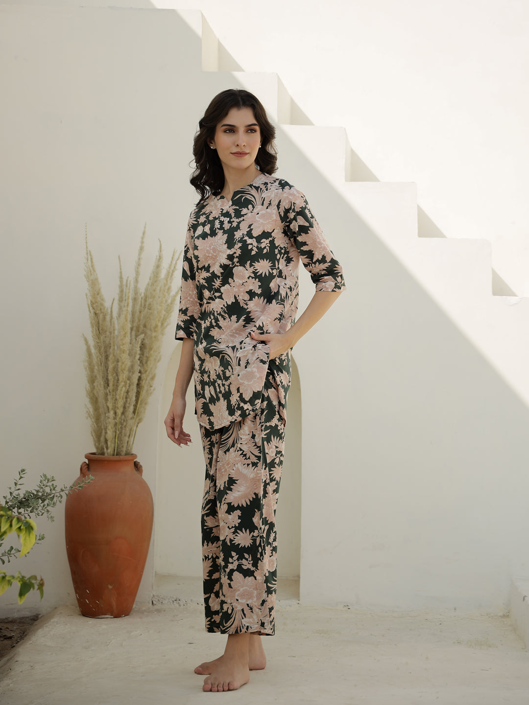 Green Color Flower Printed Night Suit