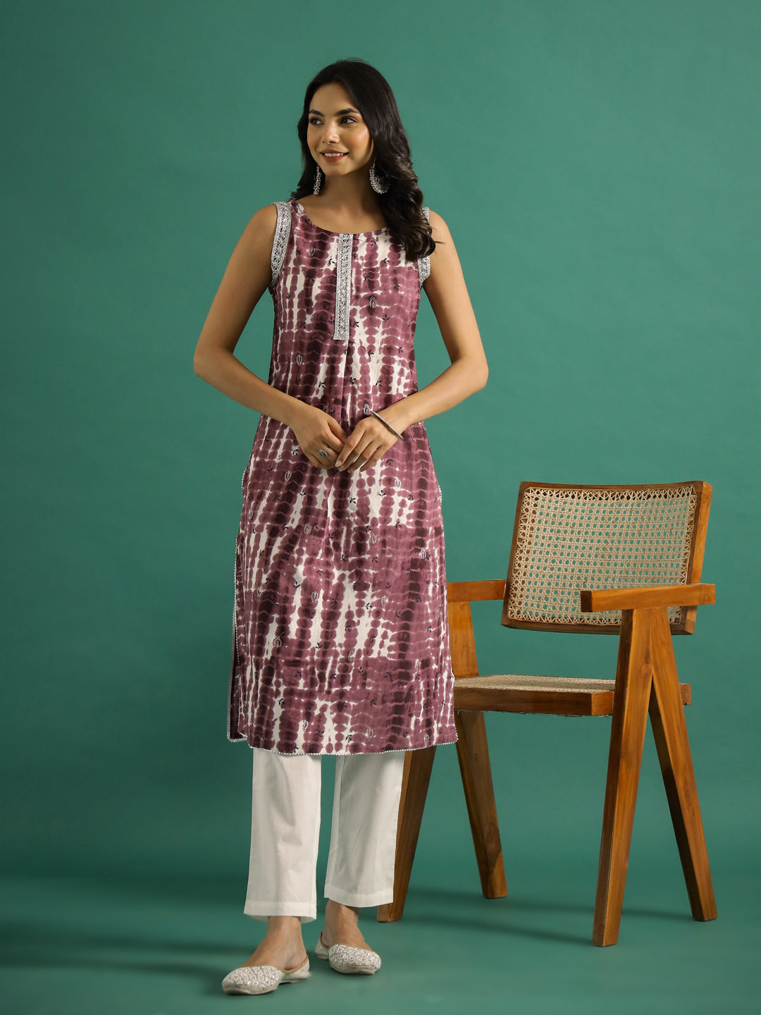 Violet Printed Cut Sleeves Kurti Set