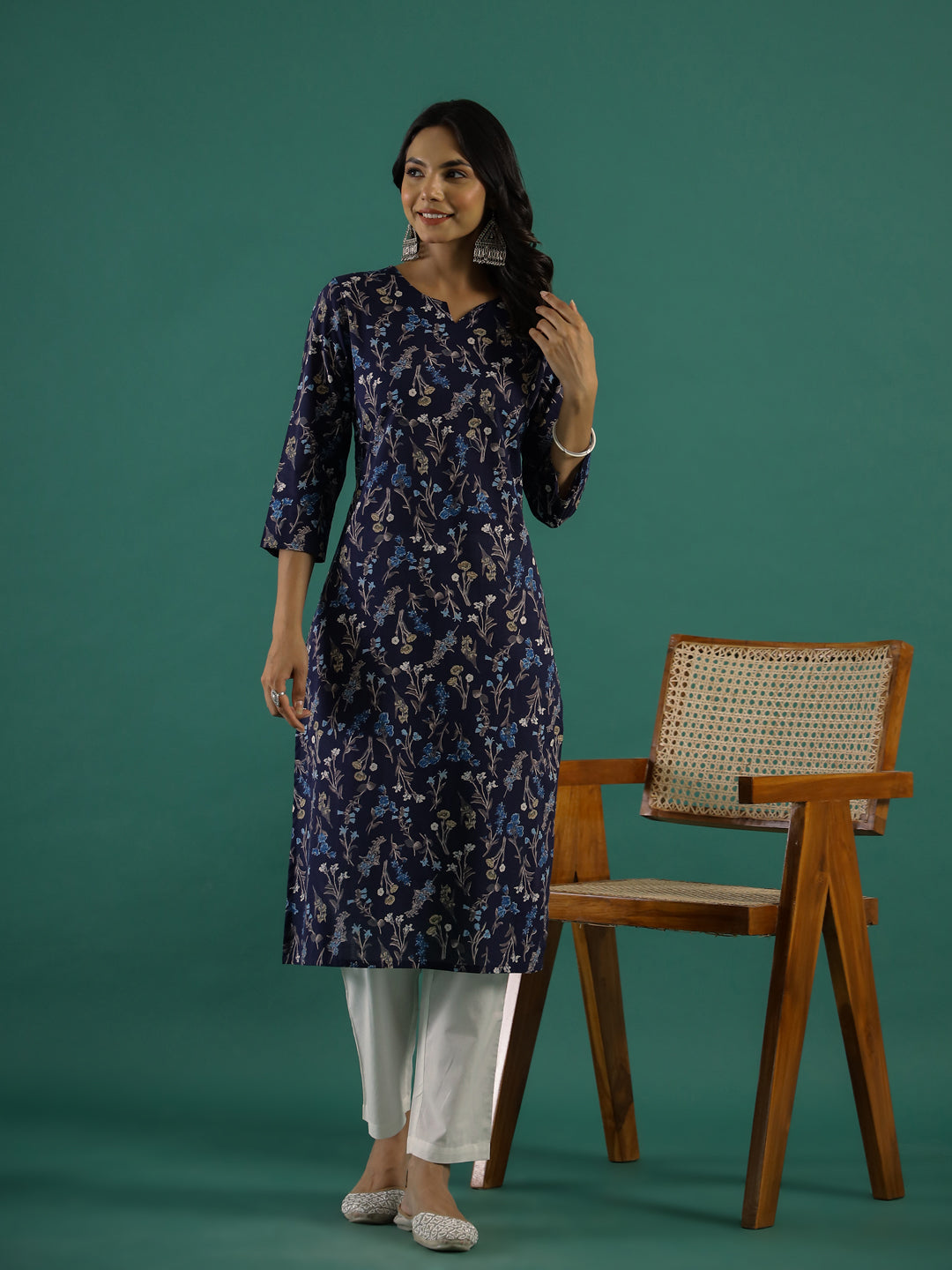 Navy Blue Printed Kurti Set