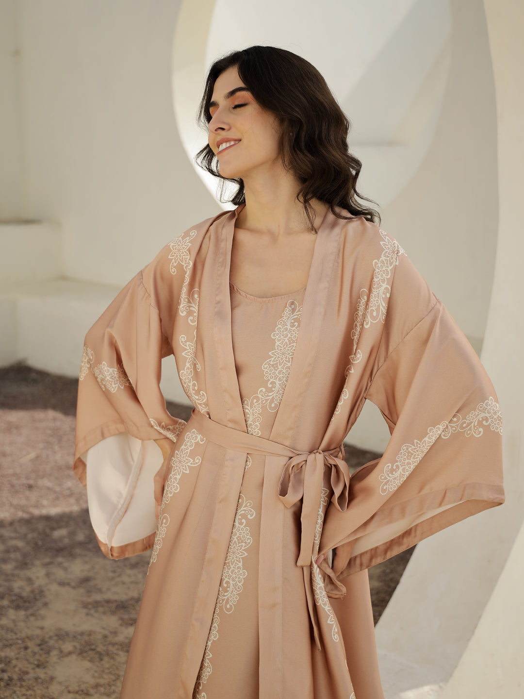 Beige Color Printed Satin Night Dress