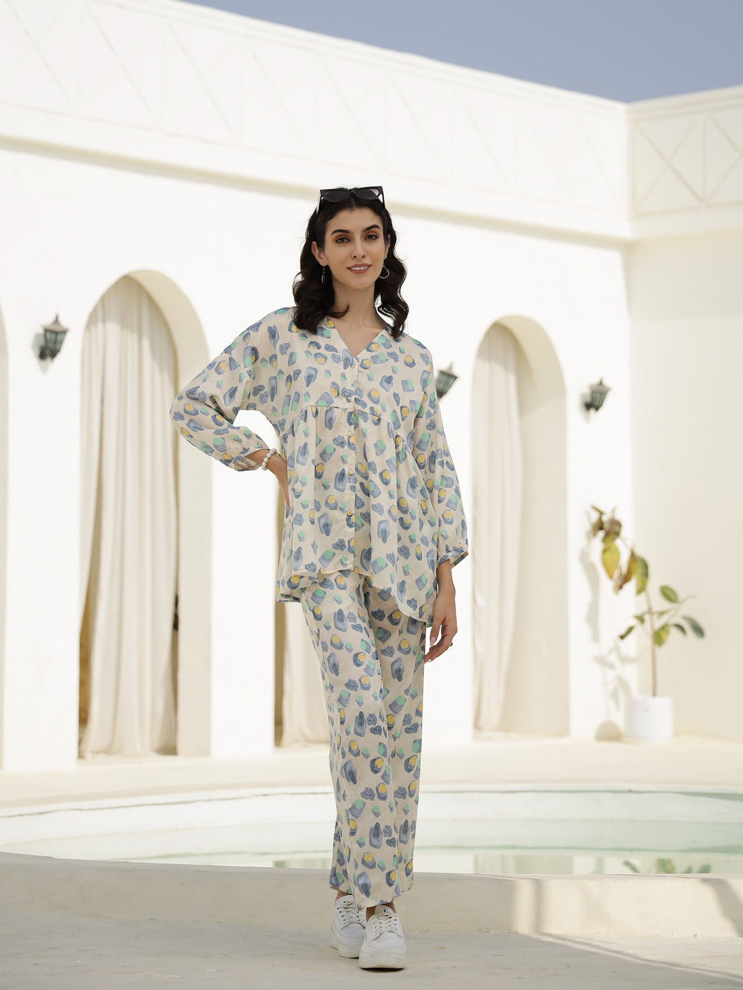 Floral Printed V-Neck Satin Night Suit Set