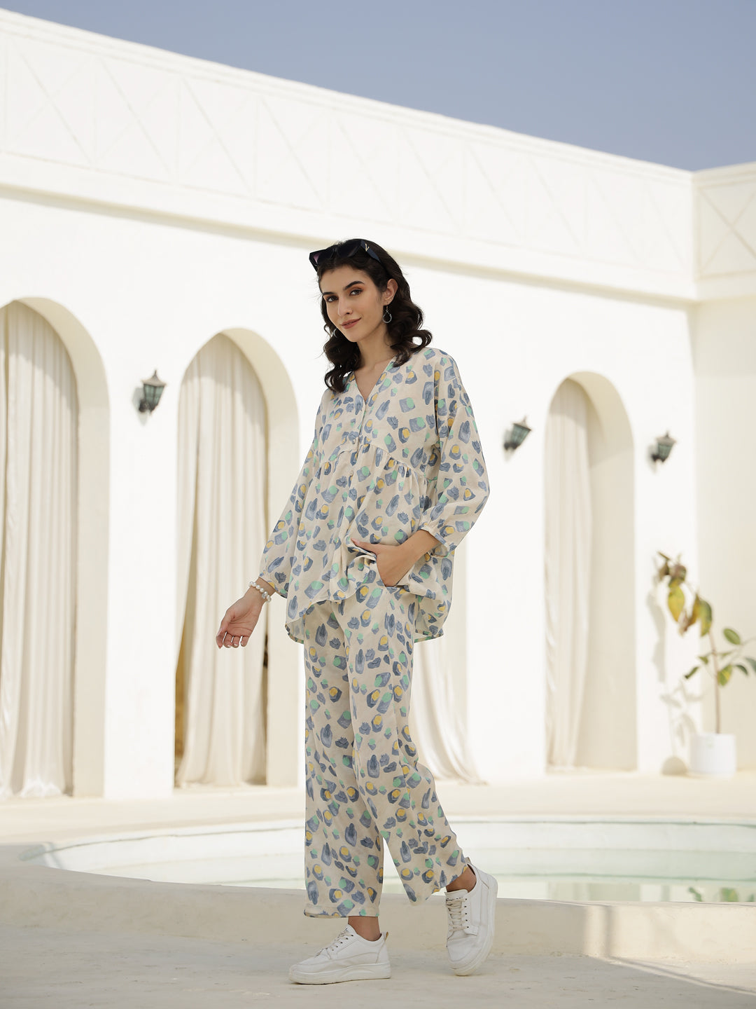 Floral Printed V-Neck Satin Night Suit Set