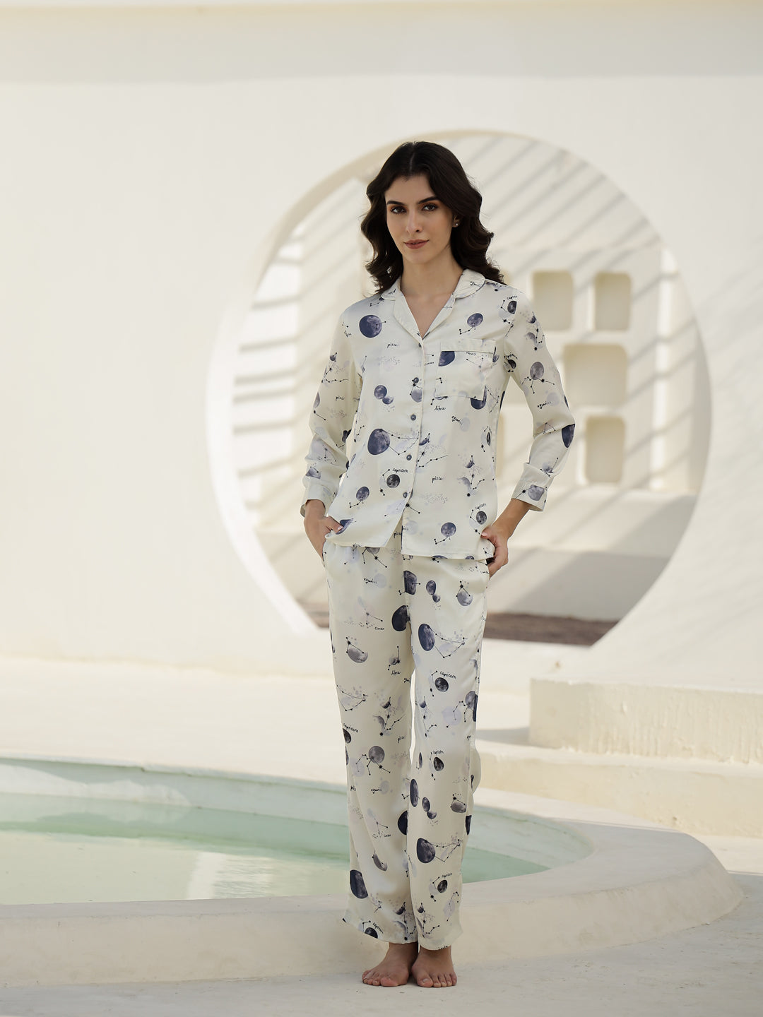 Shirt Collar Printed Satin Night Suit