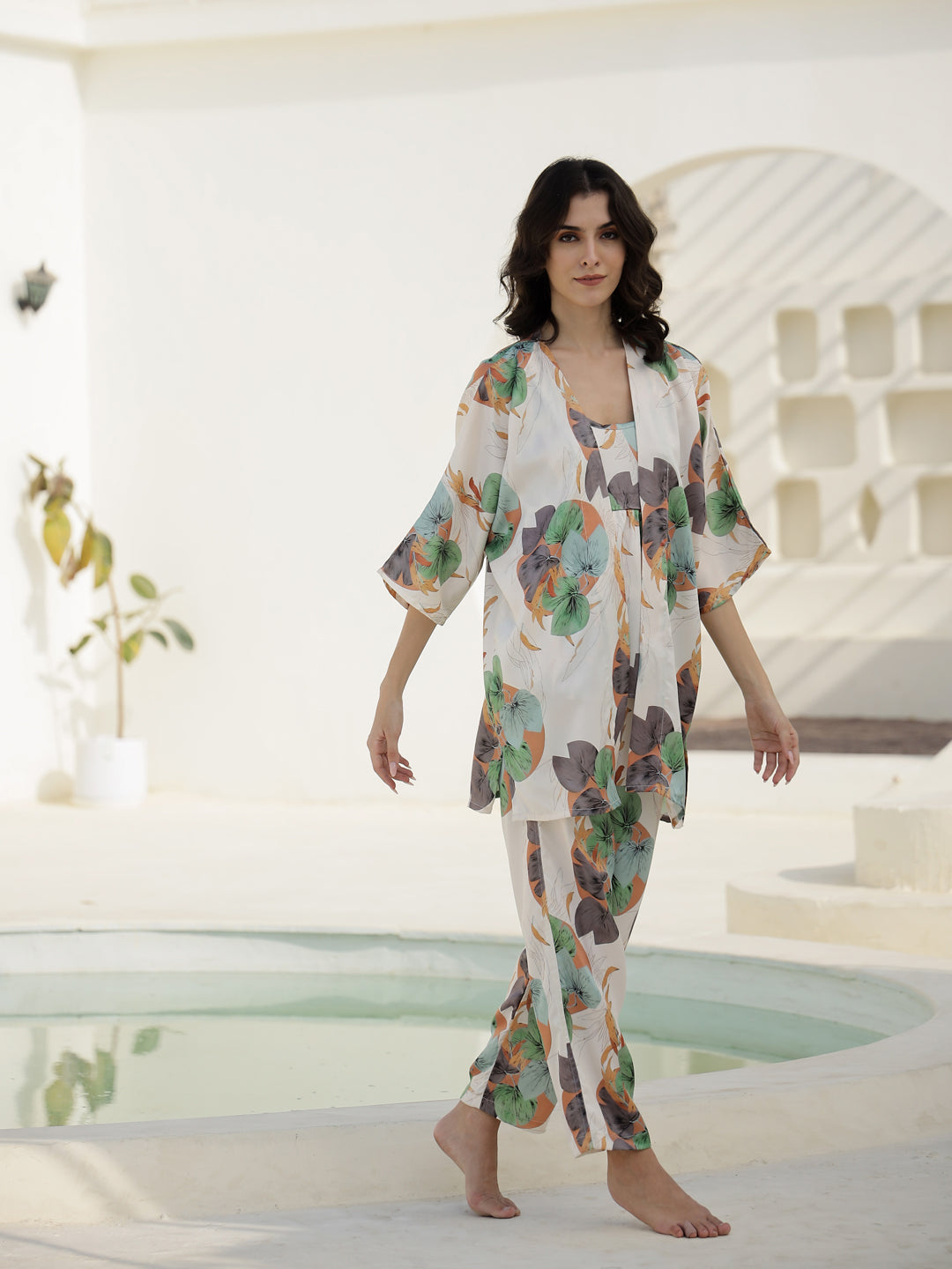 Set of 3 Floral Printed Satin Night Suit Set