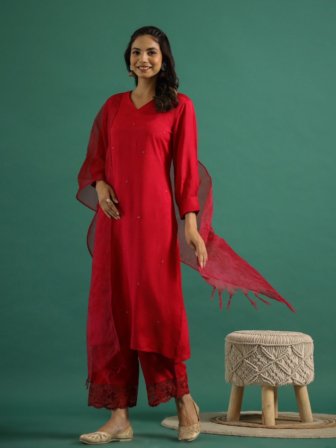 V-Neck Sequinned Straight Red Kurta with Trousers