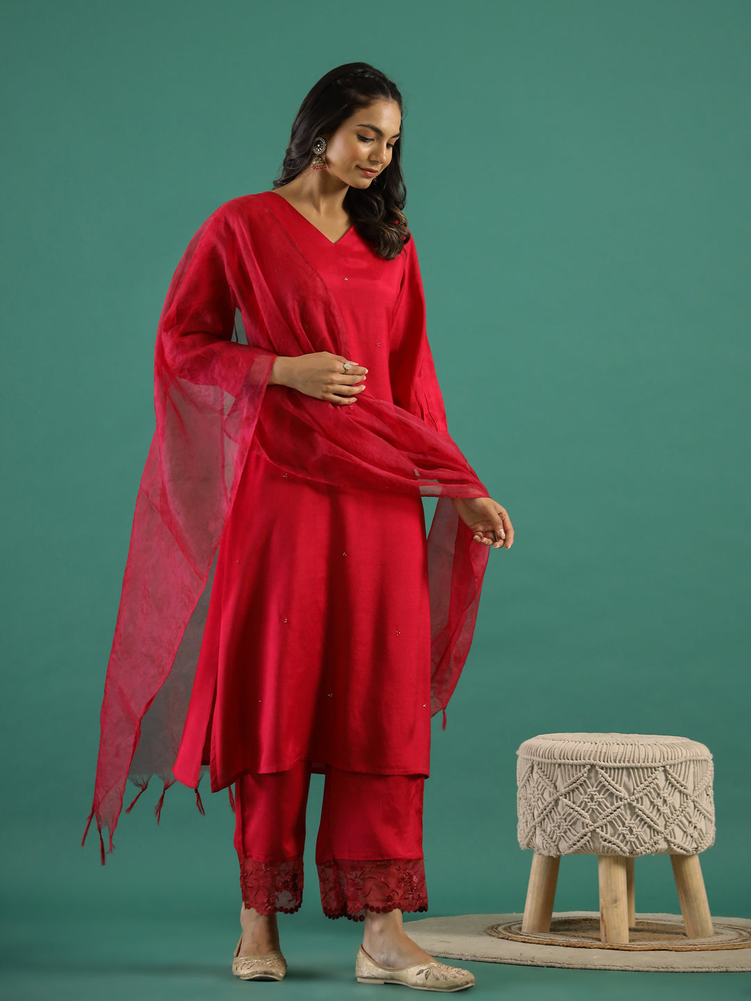 V-Neck Sequinned Straight Red Kurta with Trousers