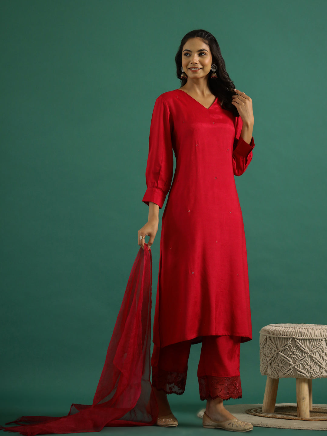 V-Neck Sequinned Straight Red Kurta with Trousers