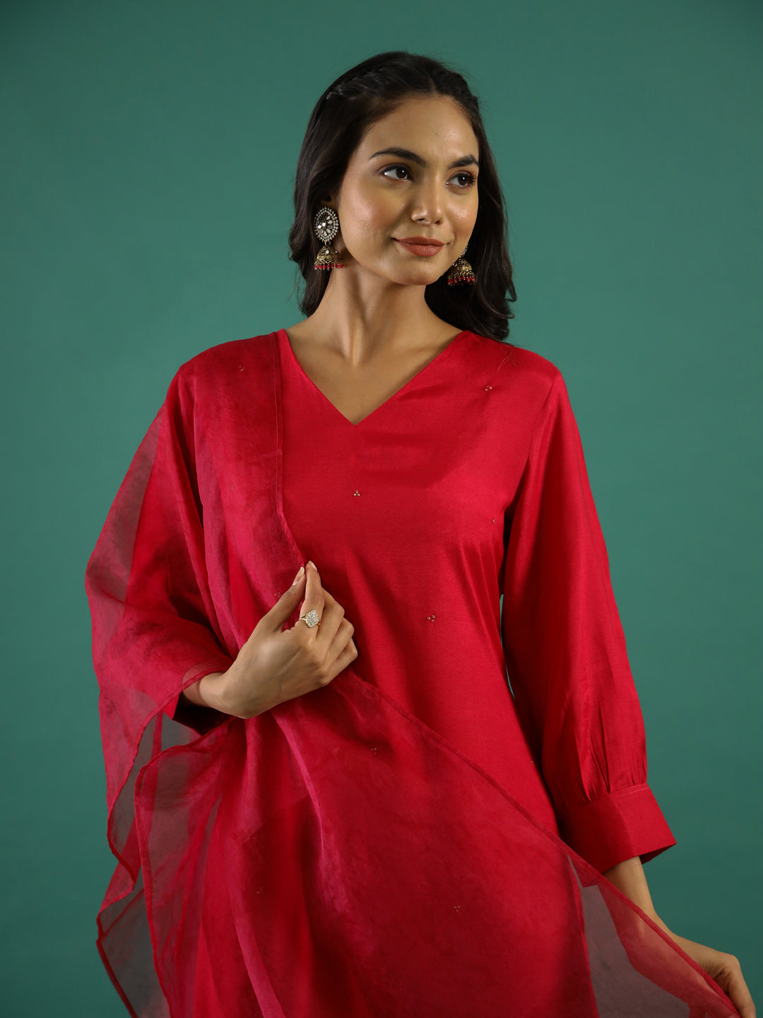 V-Neck Sequinned Straight Red Kurta with Trousers