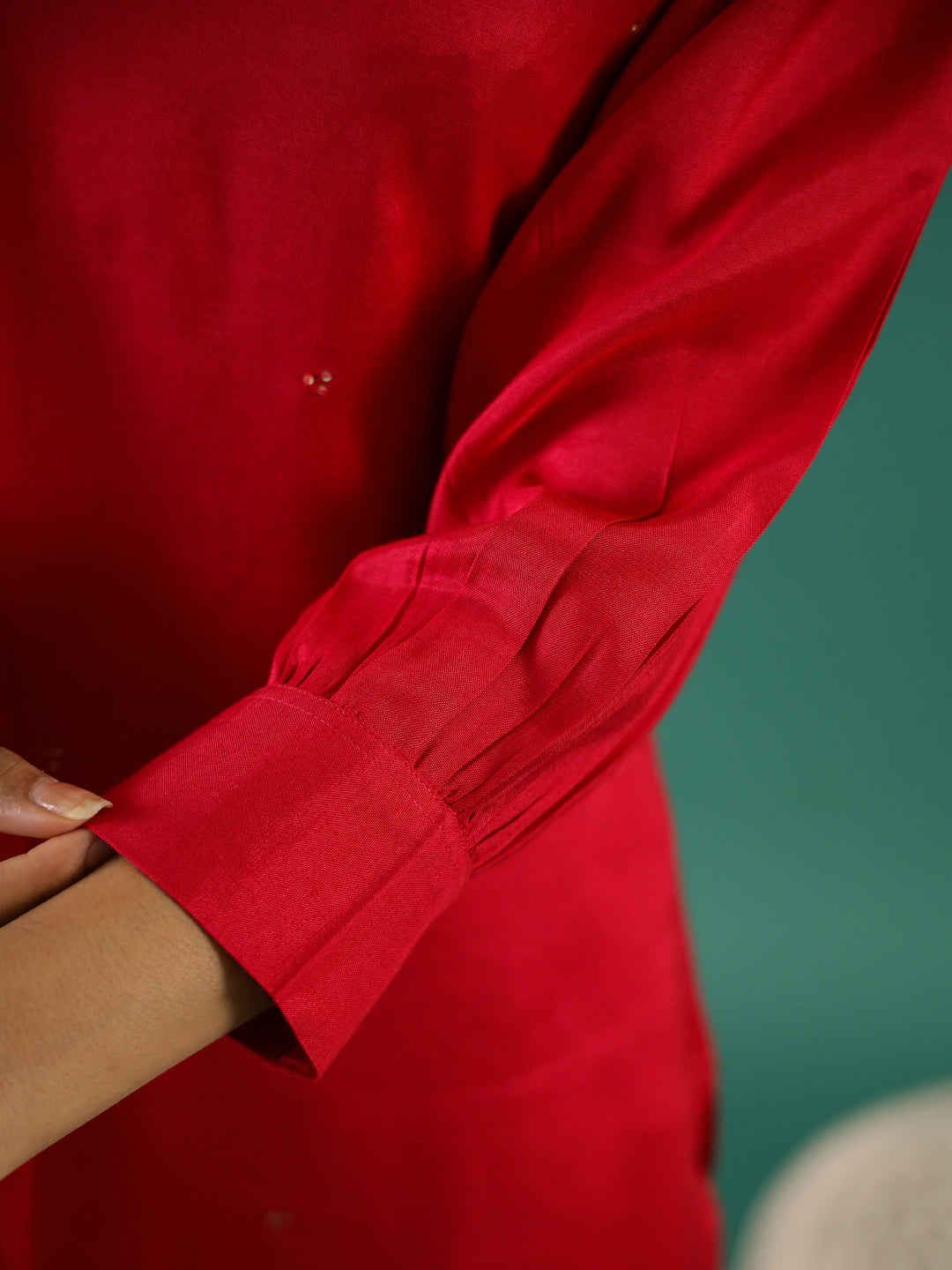 V-Neck Sequinned Straight Red Kurta with Trousers