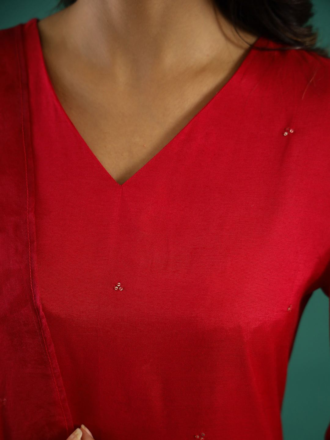 V-Neck Sequinned Straight Red Kurta with Trousers