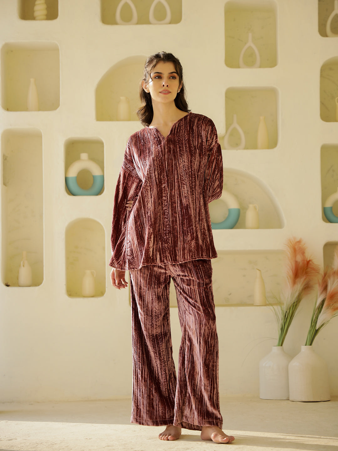 Flamingo crush velvet Night Suit for Women