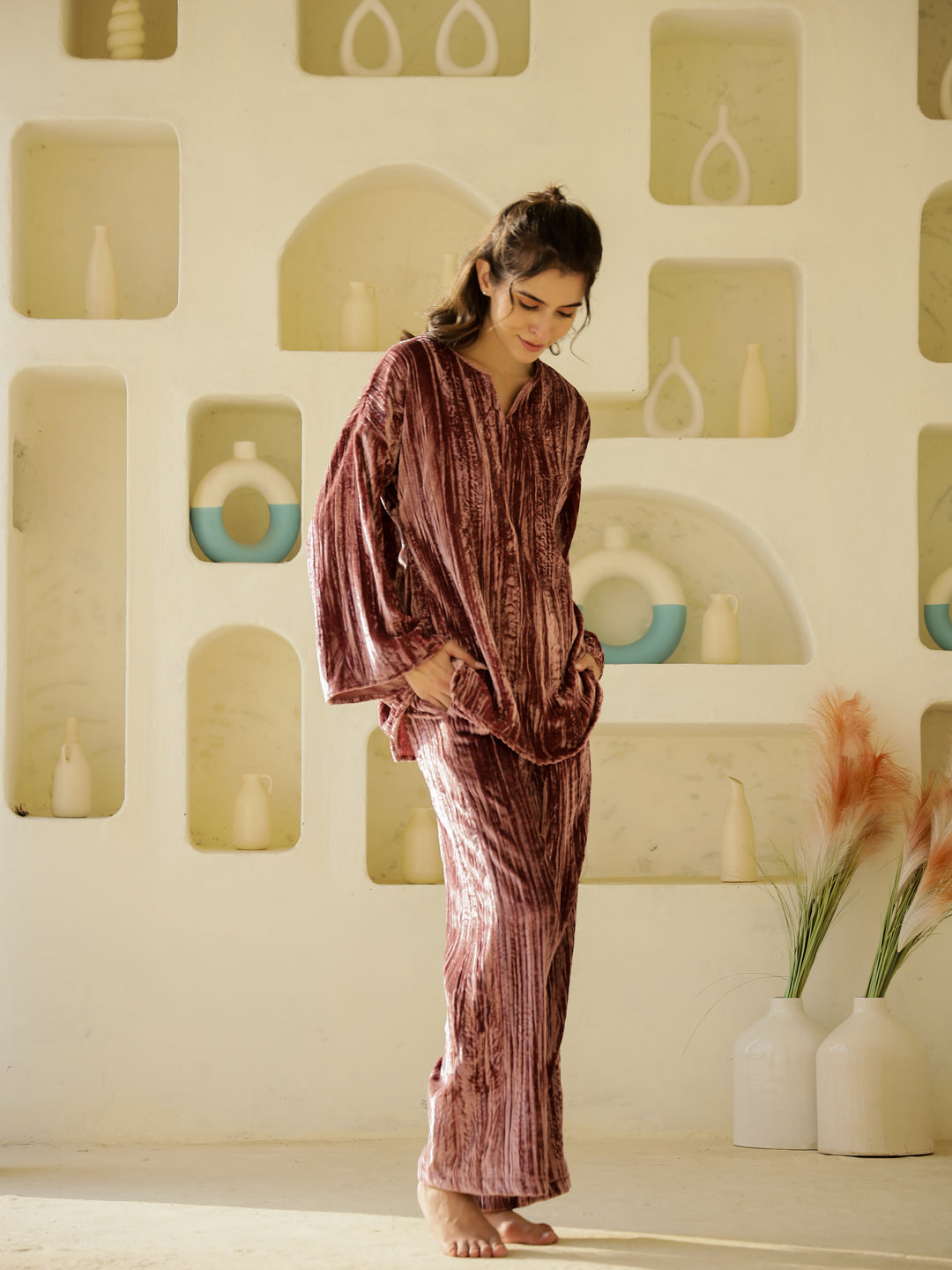 Flamingo crush velvet Night Suit for Women