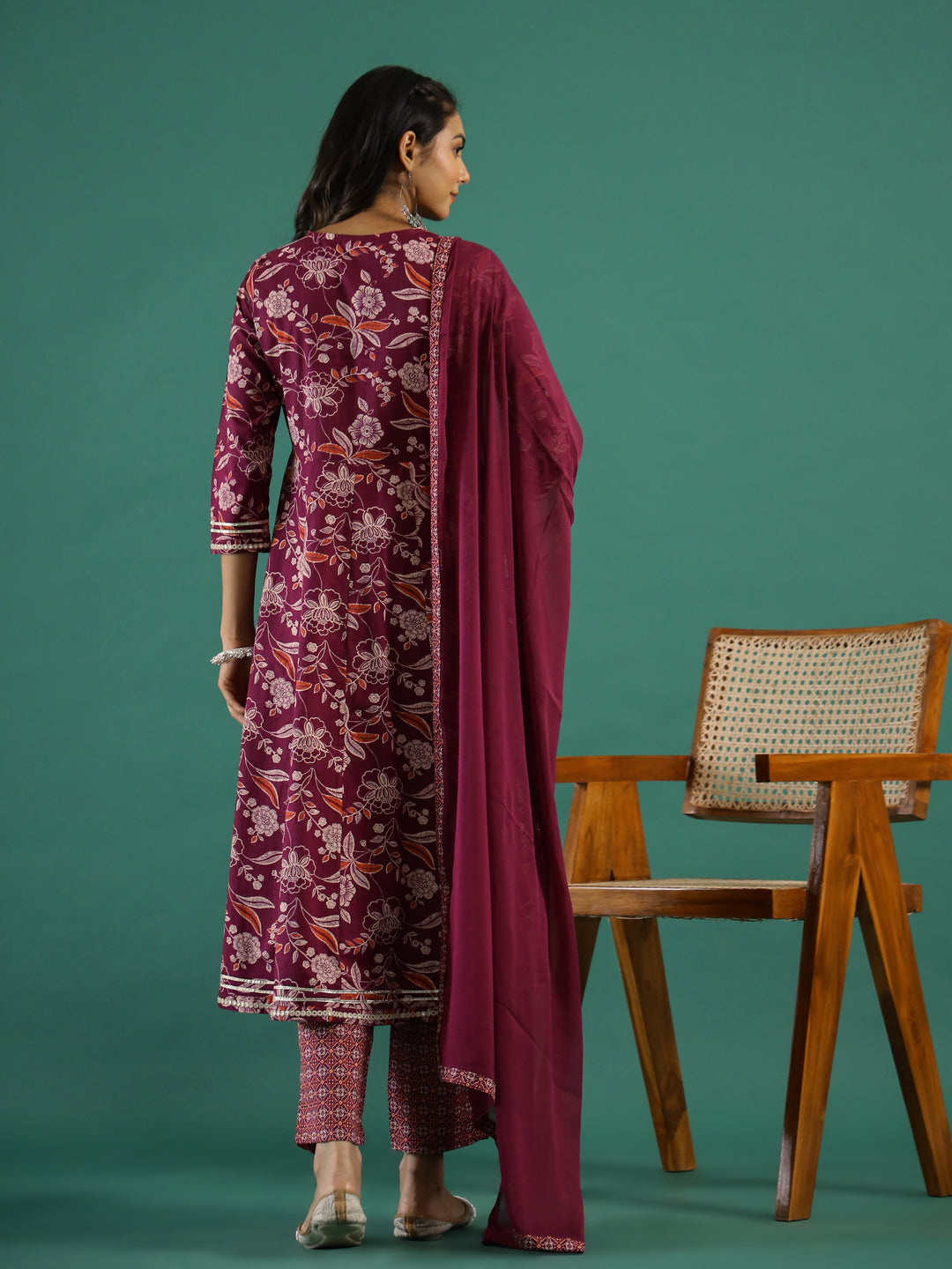 Floral Printed V-Neck Pure Cotton Anarkali Kurta With Trousers & Dupatta