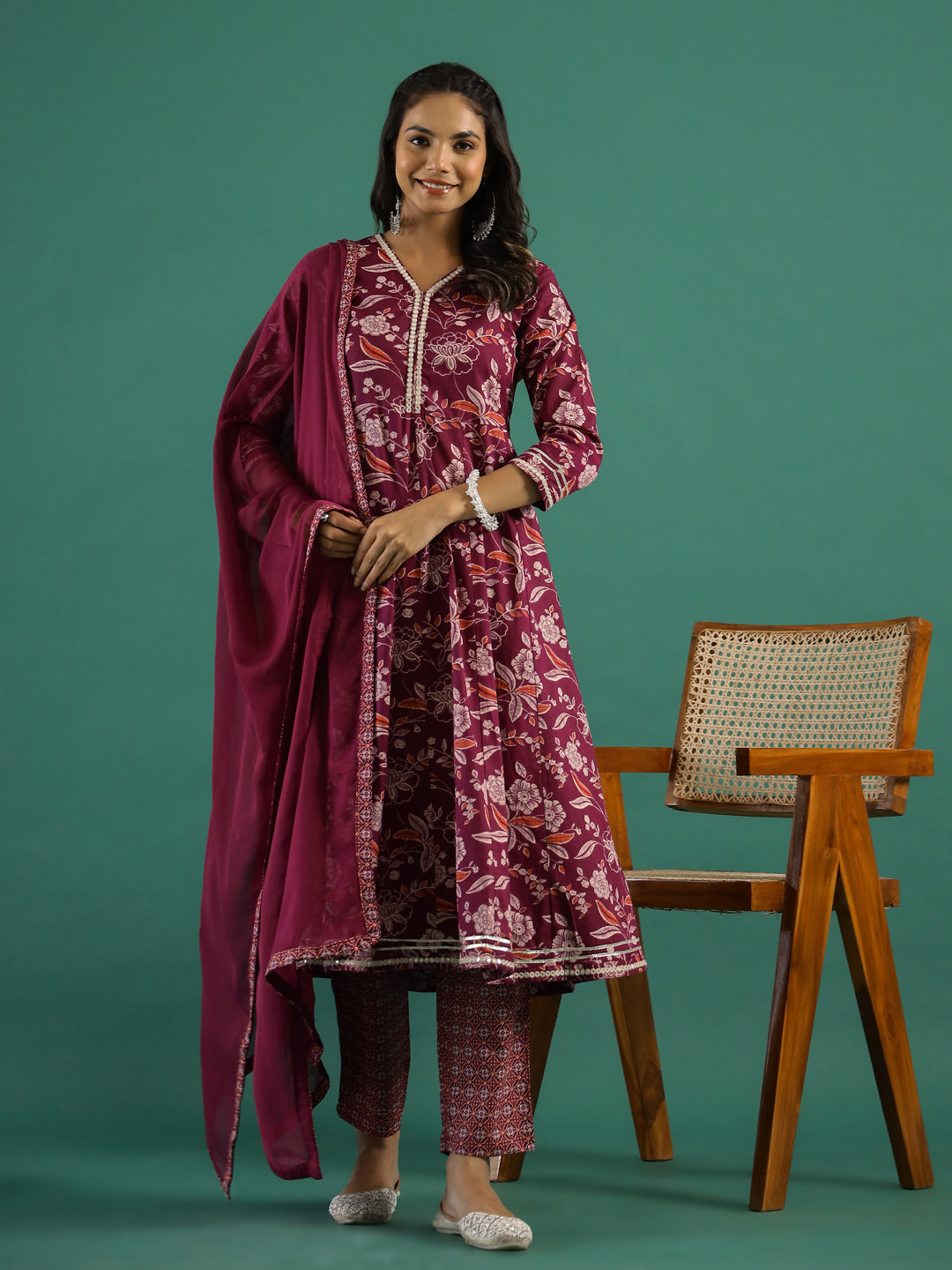 Floral Printed V-Neck Pure Cotton Anarkali Kurta With Trousers & Dupatta