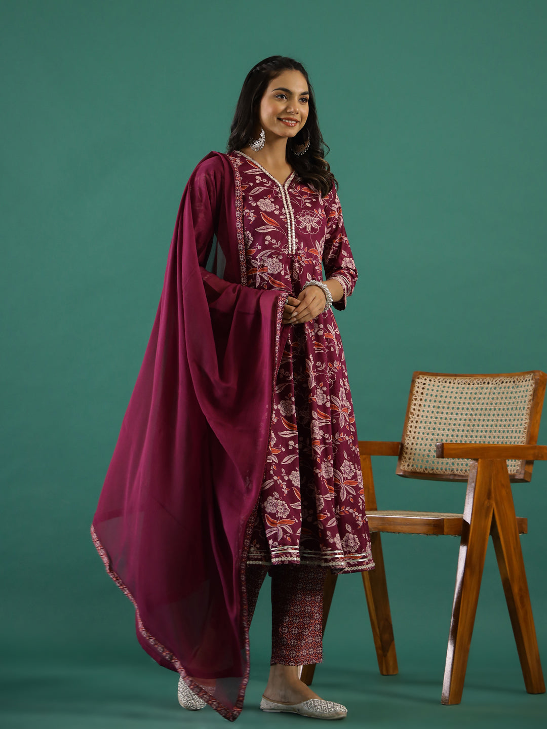 Floral Printed V-Neck Pure Cotton Anarkali Kurta With Trousers & Dupatta