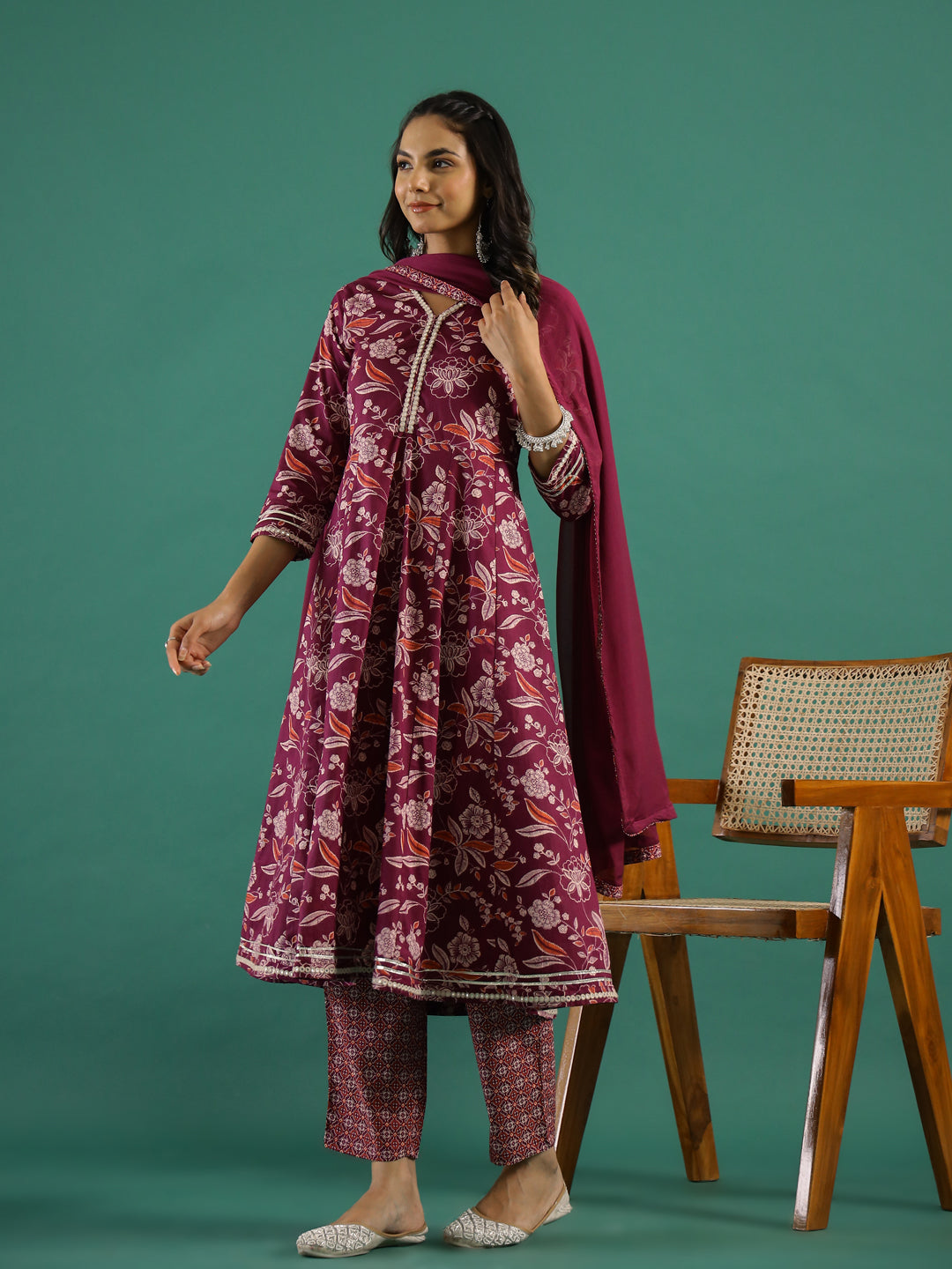 Floral Printed V-Neck Pure Cotton Anarkali Kurta With Trousers & Dupatta