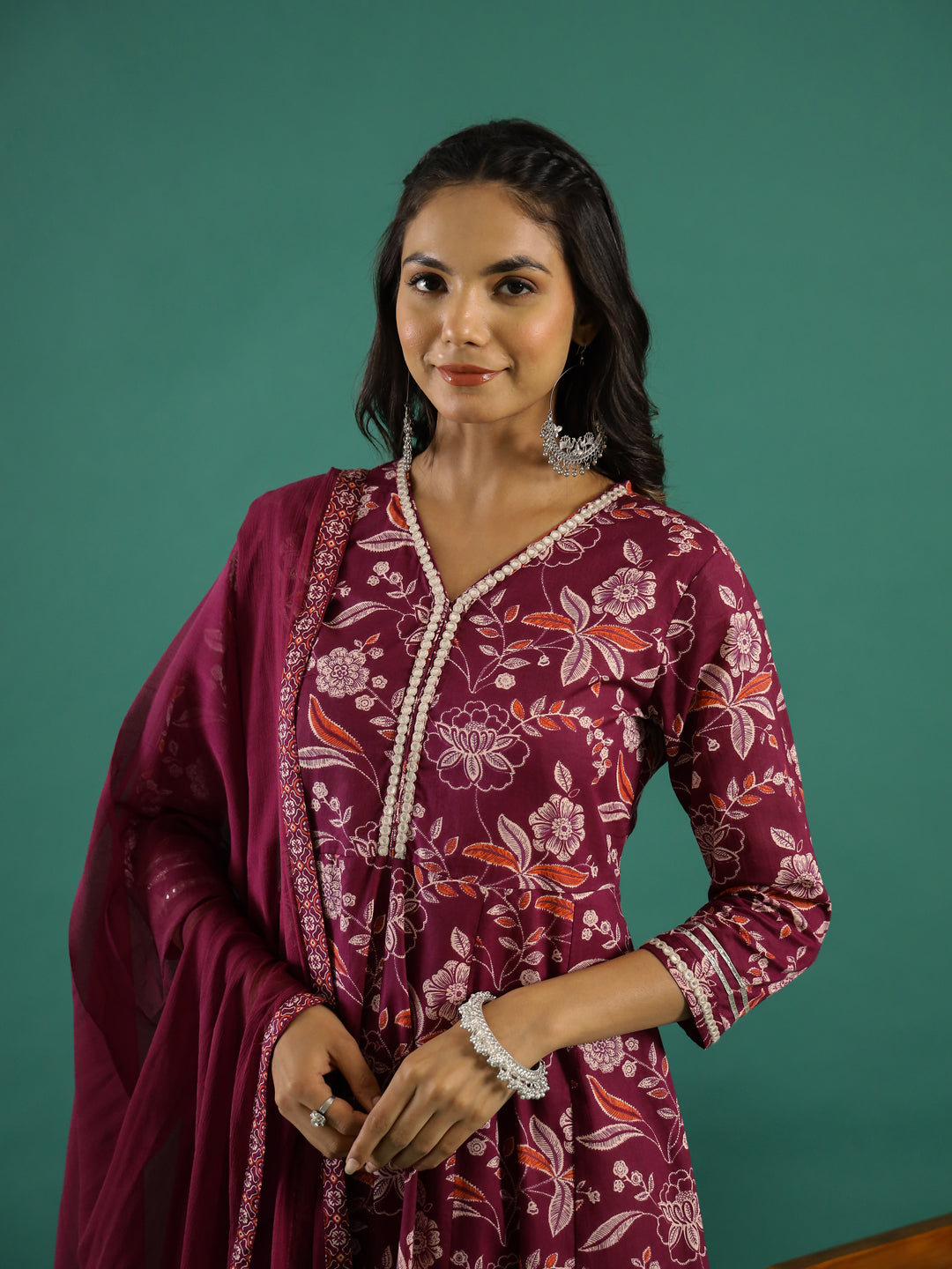 Floral Printed V-Neck Pure Cotton Anarkali Kurta With Trousers & Dupatta