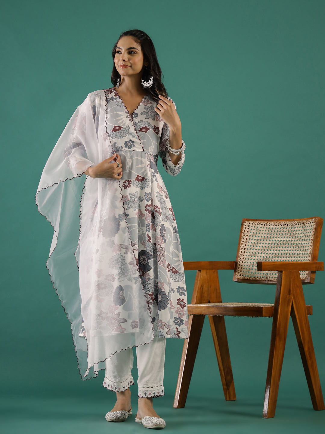 Floral Printed V-Neck Cotton Kurta Set