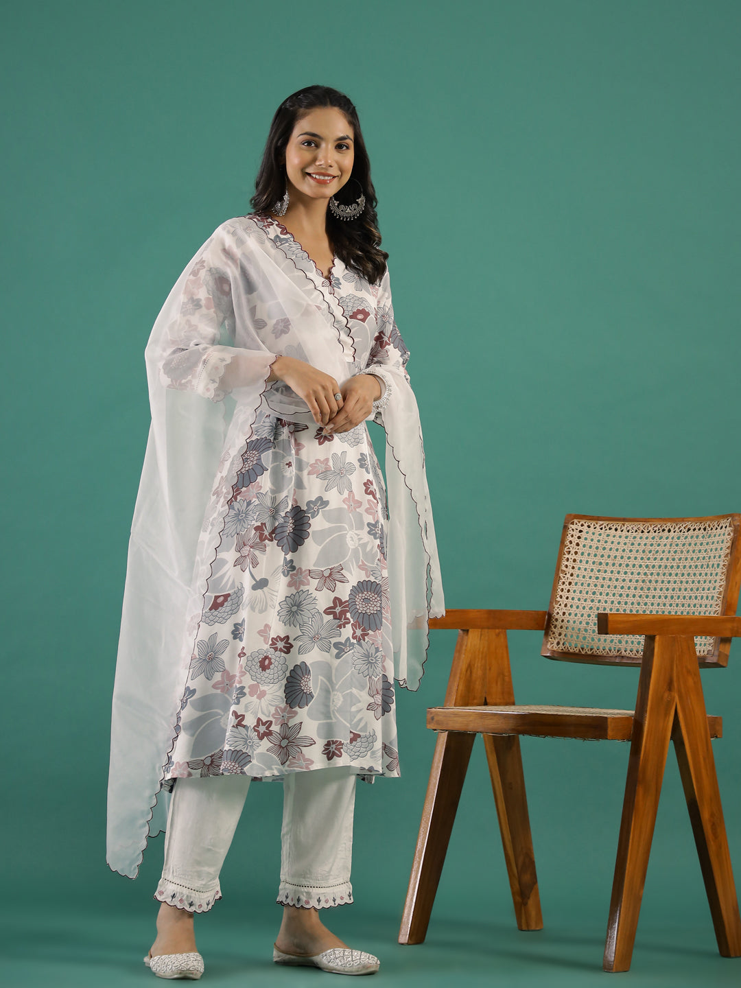 Floral Printed V-Neck Cotton Kurta Set