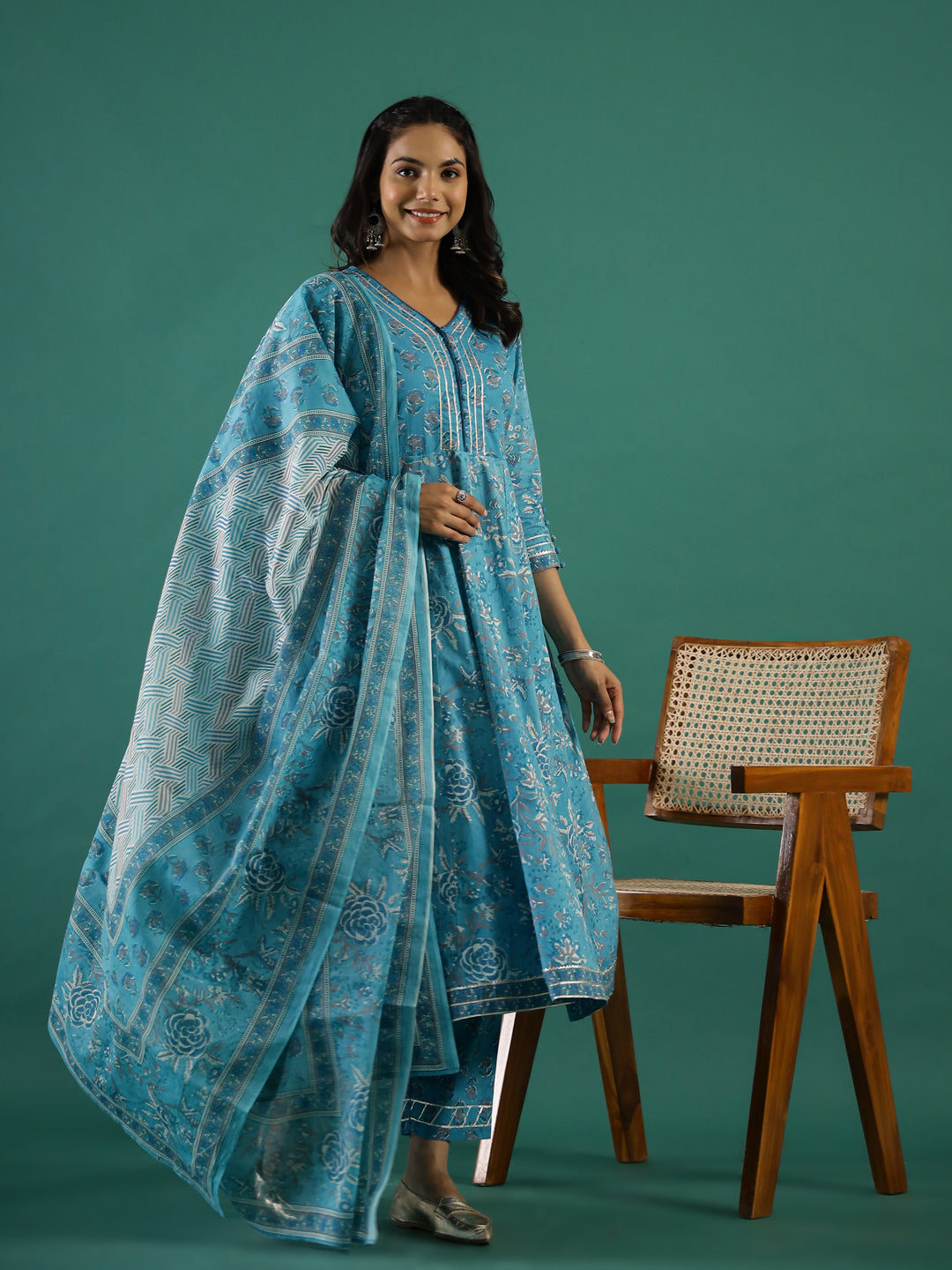 Turquoise Blue Cotton Kurta Set with Dupatta