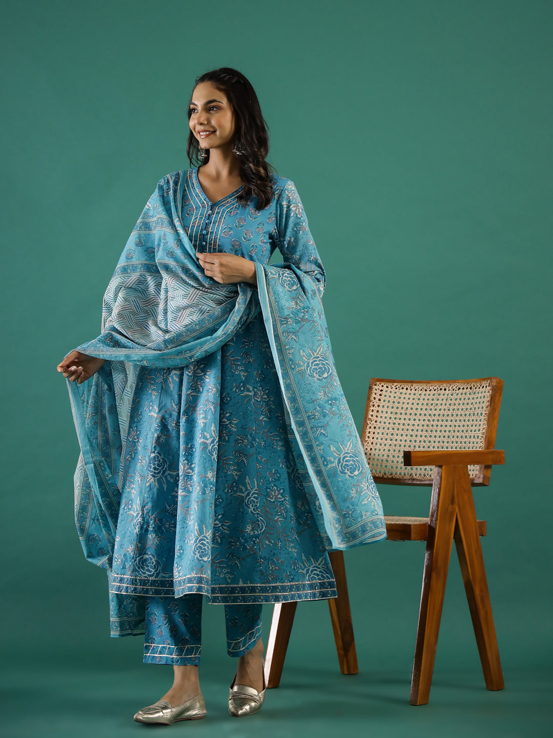 Turquoise Blue Cotton Kurta Set with Dupatta