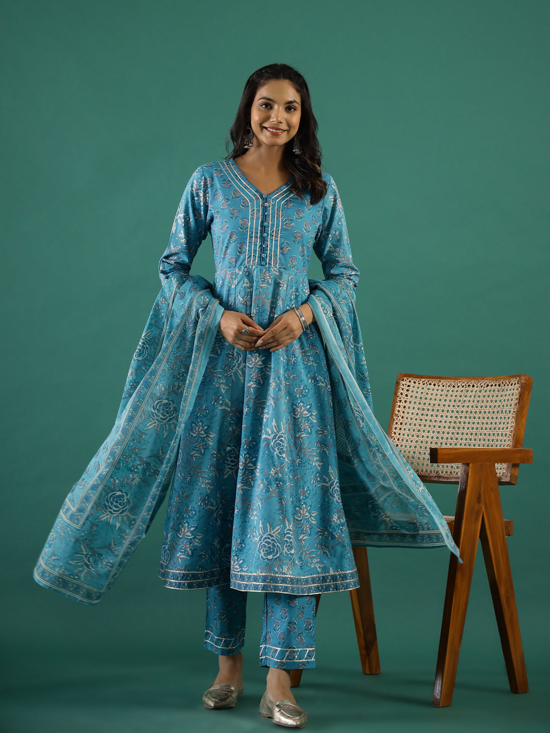 Turquoise Blue Cotton Kurta Set with Dupatta