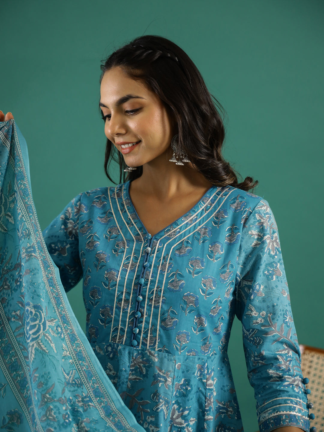 Turquoise Blue Cotton Kurta Set with Dupatta