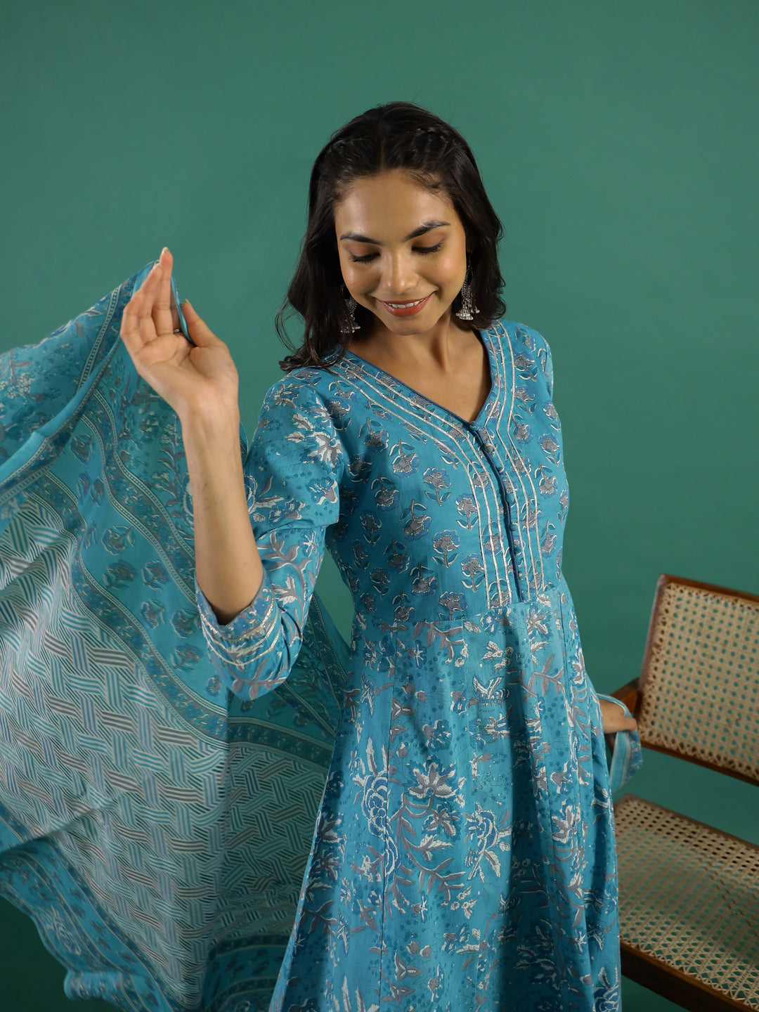 Turquoise Blue Cotton Kurta Set with Dupatta