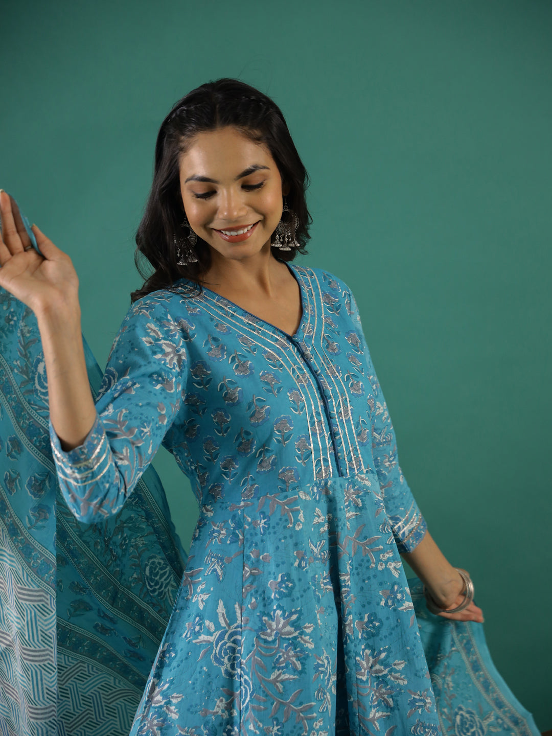 Turquoise Blue Cotton Kurta Set with Dupatta