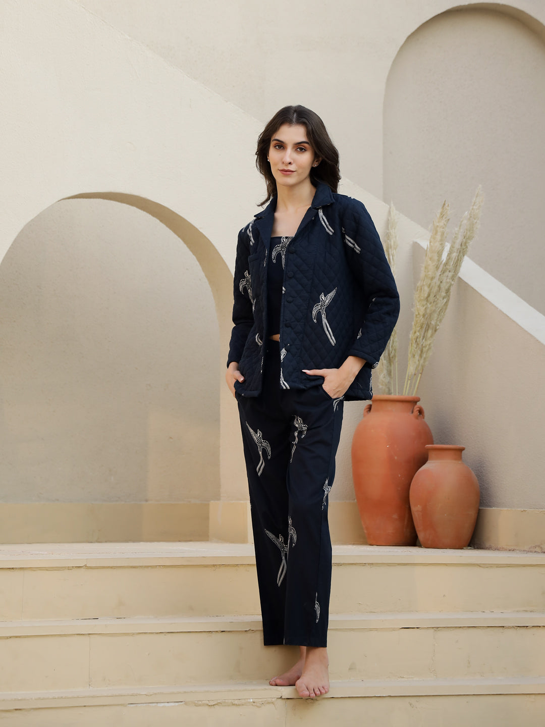 Set of 3 Navy Blue Quilted Night Suit for Women